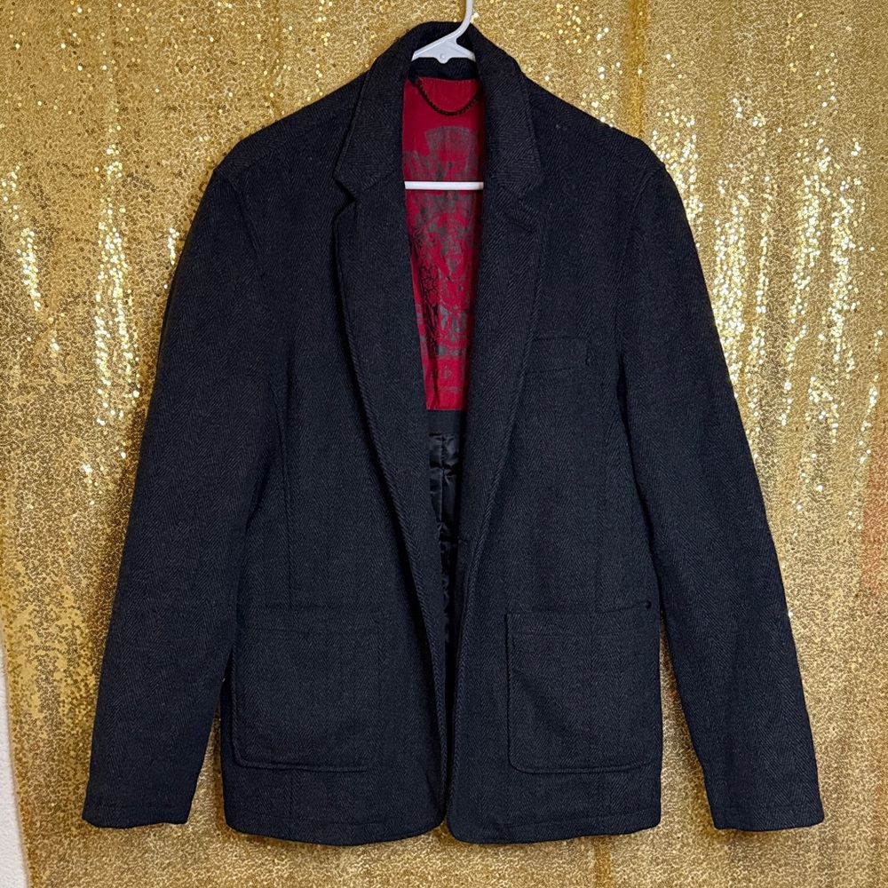Black Rivet Dark Gray Pea Coat with Red Lining